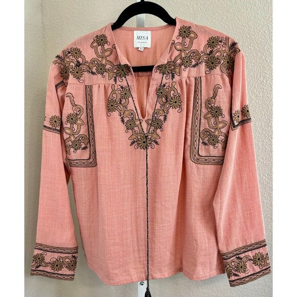 MISA LOS ANGELES Embroidered Floral Boho Tunic Top Blouse Tassel Coral Sz XS NEW - Picture 1 of 6